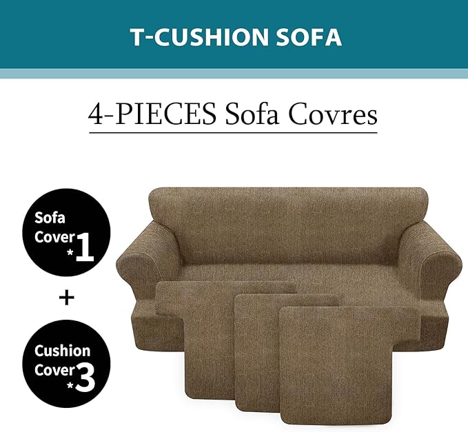 4 Piece T Cushion Sofa Slipcovers Stretch Couch Cover Furniture Covers with 3 Individual T Cushion Covers, Machine Washable for Living Room (Brown, 3 Cushions)