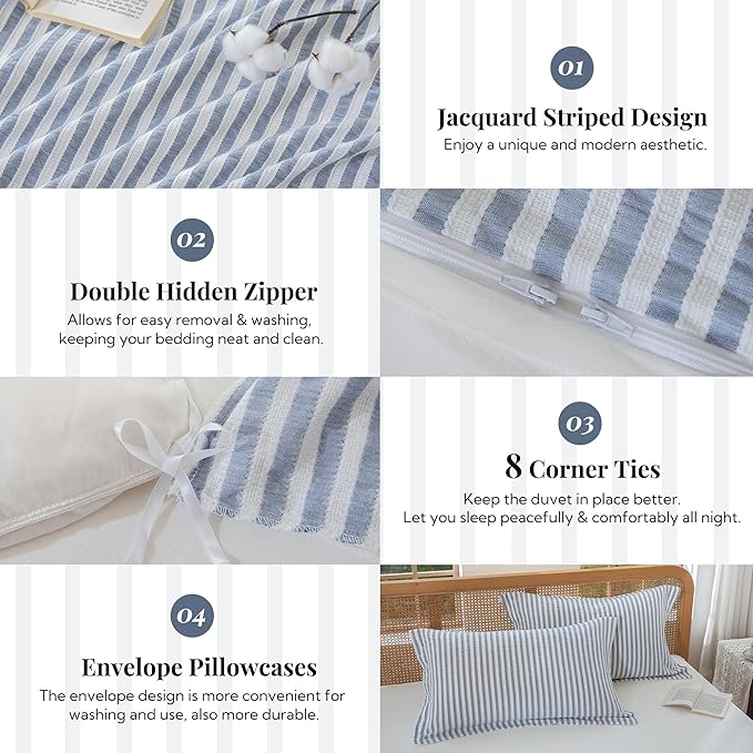 MILDLY Blue Striped Duvet Cover - 100% Washed Cotton Jacquard Boho Textured Comforter Cover 3pcs with Zipper Closure 104"x90"