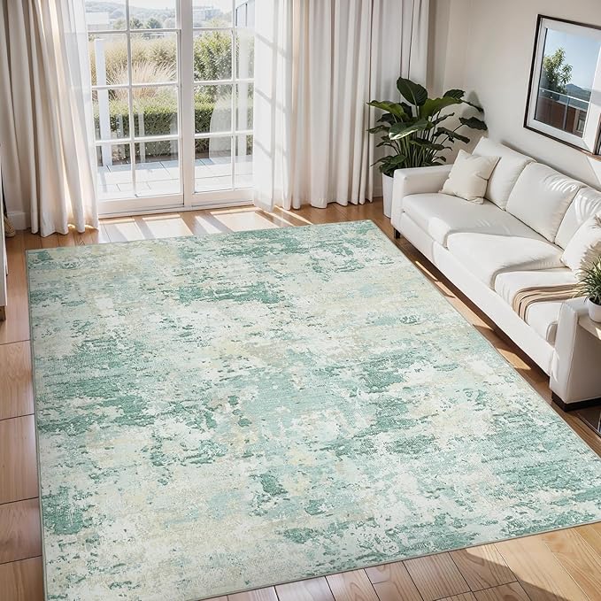 Modern Abstract Area Rug 8x10 Non Slip Non Shedding Rug Low Pile Stain Resistant for Bedroom Living Room,Green
