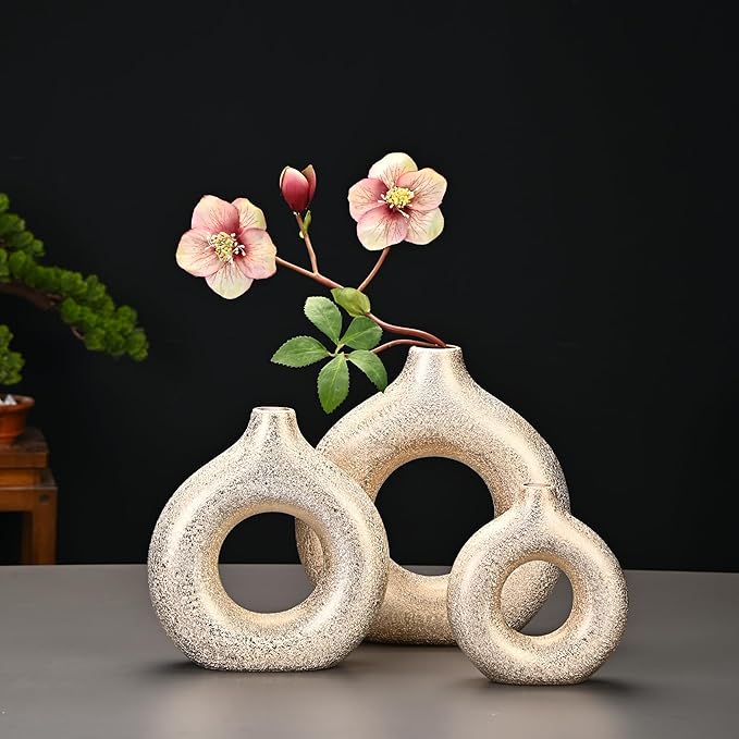 Modern Donut-Shaped Decorative Vases, Handmade Minimalist Boho ins Style, Modern Vase for Home Decor for Wedding Dinner Table Party Living Room Office Bedroom (Gold, Large + Small)