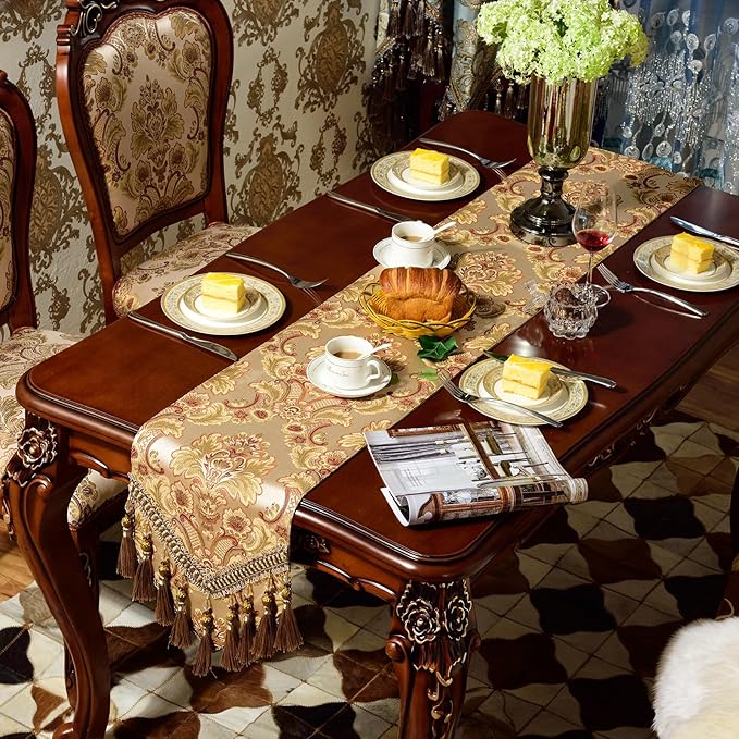 Extra Luxury Velvet Blue Table Runner 120 Inches Long with Vintage Damask Jacquard Design for Dining Room,Living Room,Home Decor,Elegant Beaded Tapestry (Dark Gold, 13×125 inch)