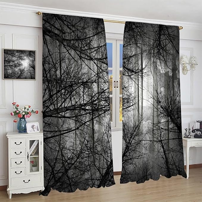 Gothic Forest Blackout Curtains, Full Moon Moonlight Gothic Tree Scenery Woodland Scary Nature Window Drapes, for Living Room Bedroom 31.5(W)*63(L) 2 Panels