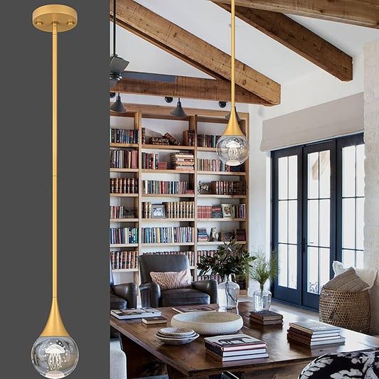 1-Pendant Lights Kitchen Island, Brass Gold Globe Crystal Ceiling Hanging Light Fxitures, LED Light Fixtures Metal Rod Ceiling Glass Pendant Lighting for Kitchen Island Dining Room Bar