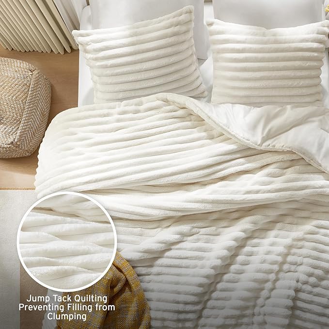 Intelligent Design Twin Comforter Set, Plush Bedding, Microfiber Reverse, 2 Piece, Lightweight, Super Soft Ribbed Velvet Comforter 1 Sham, All Season Fluffy Bed Set, Avril, Twin/Twin XL Ivory