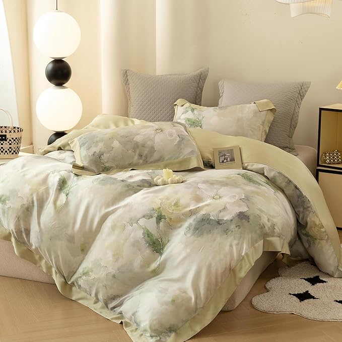 ECOCOTT Bedding 3-Piece Duvet Cover Set Queen Size, Silky Soft 100% Lyocell, Hypoallergenic & Eco-Friendly, Whispering Blooms Floral Pattern, Cooling & Breathable for Hot Sleepers