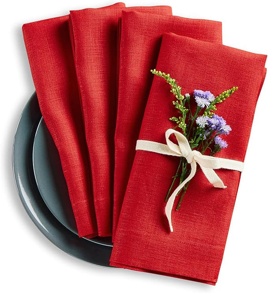 Solino Home Red Linen Napkins Set of 4-100% Pure Linen Cloth Washable Dinner Napkins 20 x 20 Inch for Christmas, Holiday, Winter, New Year - Fete