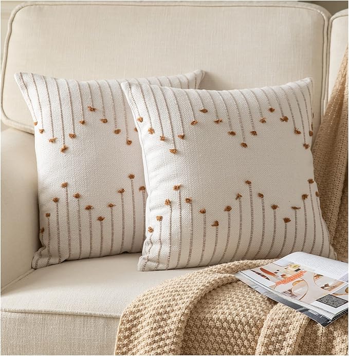 Caflife Boho Throw Pillow Covers 20x20 Set of 2 Decorative Pillows for Bed, Neutral Pillow Covers Beige with Brown Line Throw Pillows for Modern Farmhouse Couch Sofa Living Room Outdoor