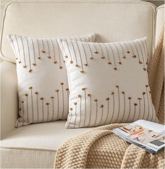Caflife Boho Throw Pillow Covers 20x20 Set of 2 Decorative Pillows for Bed, Neutral Pillow Covers Beige with Brown Line Throw Pillows for Modern Farmhouse Couch Sofa Living Room Outdoor
