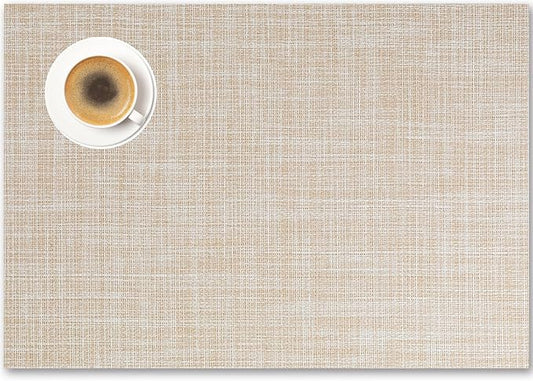 Placemats Set of 6 - Easy Clean Woven Vinyl Placemat for Dining Table, Indoor/Outdoor Place Mats, Washable PVC Table Mats（Beige）