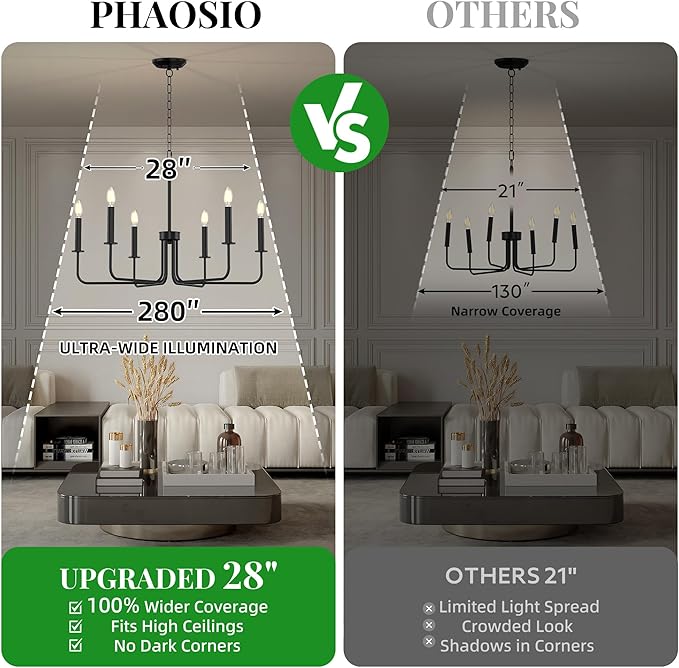 Farmhouse Chandelier with 6 E12 Candelabra Bulbs, 6-Light Metal Hanging Ceiling Light Fixture for Dining Room, Kitchen Island, Living Room, Entryway, Foyer-Matte Black
