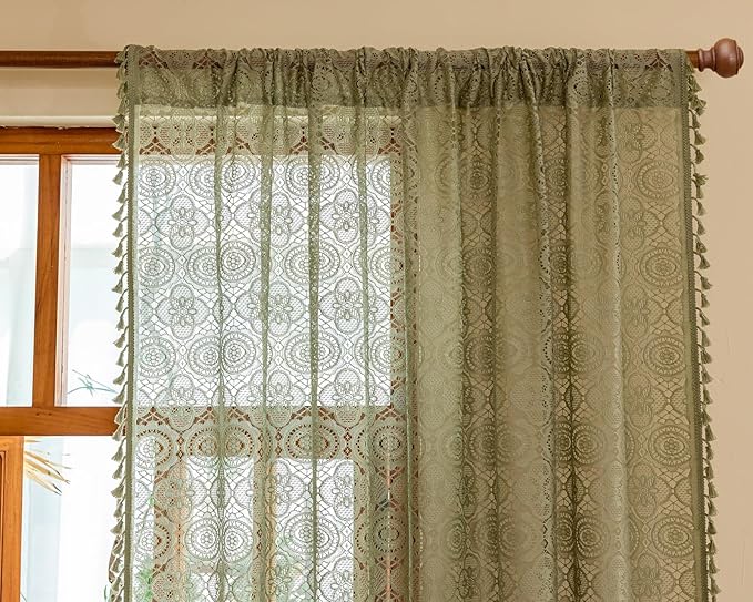 YJ YANJUN Boho Lace Curtains 84 Inches Long, Vintage Crochet Doily Pattern, Spring Sage Green Sheer Curtains for Living Room Bedroom Nursery, Farmhouse & Cottage Chic Style, W59 x L84-2 Panels
