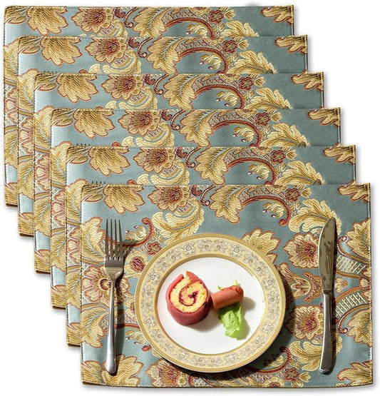 Extra Luxury Velvet Blue Table Runner 120 Inches Long with Vintage Damask Jacquard Design for Dining Room,Living Room,Home Decor,Elegant Beaded Tapestry (Dark Cyan, 6 Piece 13×18 Placemats)