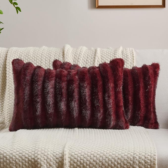 FUTEI Burgundy Decorative Throw Pillow Covers 12x20 Inch Set of 2,Soft Fluffy Faux Rabbit Fur Dyeing Striped Textured Lumbar Pillow Case,Modern Home Decor for Couch Bed Living Room