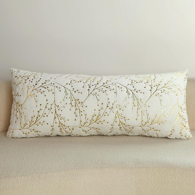 LIGICKY Decorative Long Lumbar Pillow Cover 14x36inch Fluffy White Fur Pillow Coves Gold Branches Glitter Throw Pillows Soft Furry Sparkling Rectangle Cushion Cases for Sofa Bedroom Party Décor
