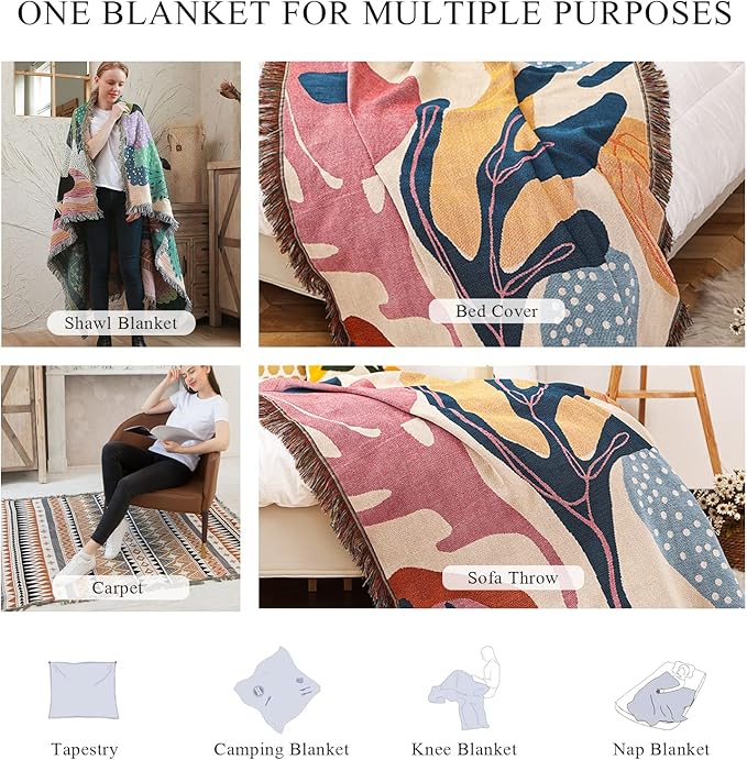 Double-Sided Cotton Woven Throw Blanket with Tassel Jungle Bohemian Style Tapestry Shawl Multi-Function Decorative Throws for Sofa Bed Armchair Camping Blanket Tablecloth Carpet 160x130cm