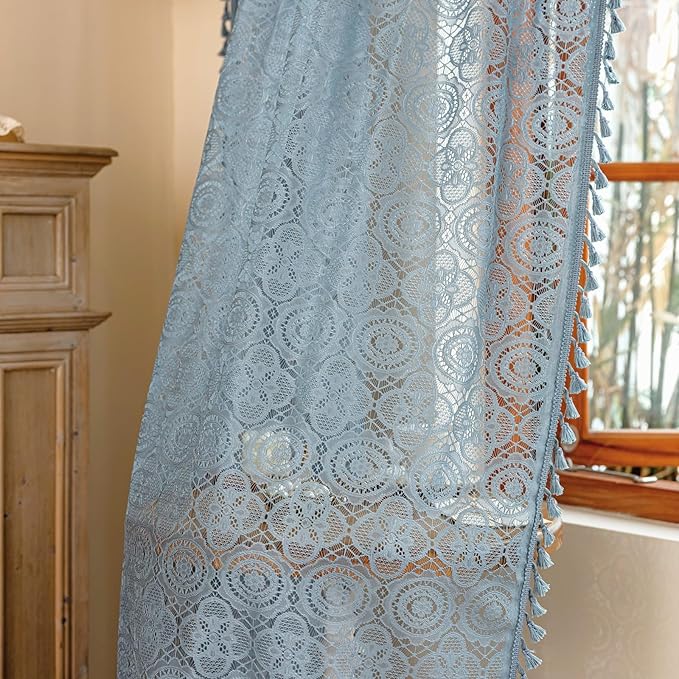 YJ YANJUN Dusty Blue Sheer Curtains -54 Inch Length, Vintage Short Crochet Lace Curtains for Bedroom, Bathroom & Basement, Light Filtering Rustic Farmhouse Boho Kitchen Decor,2 Panles W59 x L54