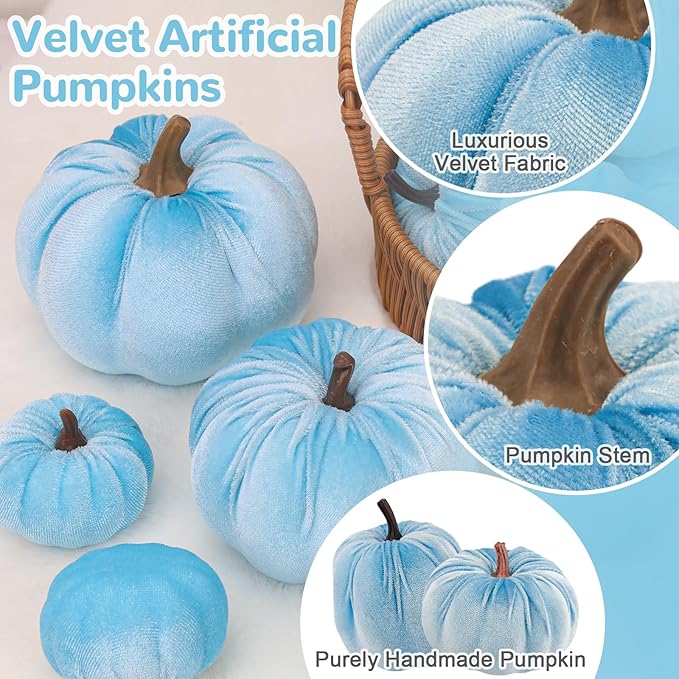 Artificial Velvet Pumpkins Fake 12Pcs Assorted Halloween Thanksgiving Handmade Autumn Centerpiece Decorating for Kitchen Table Wedding Blue