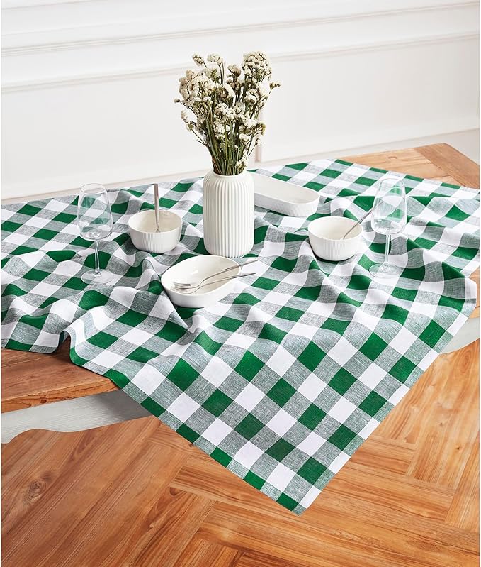 Solino Home Linen Checkered Tablecloth 52 x 52 Inch - 100% Pure Linen Green and White Square Table Cloth - Machine Washable Buffalo Plaid Table Throw
