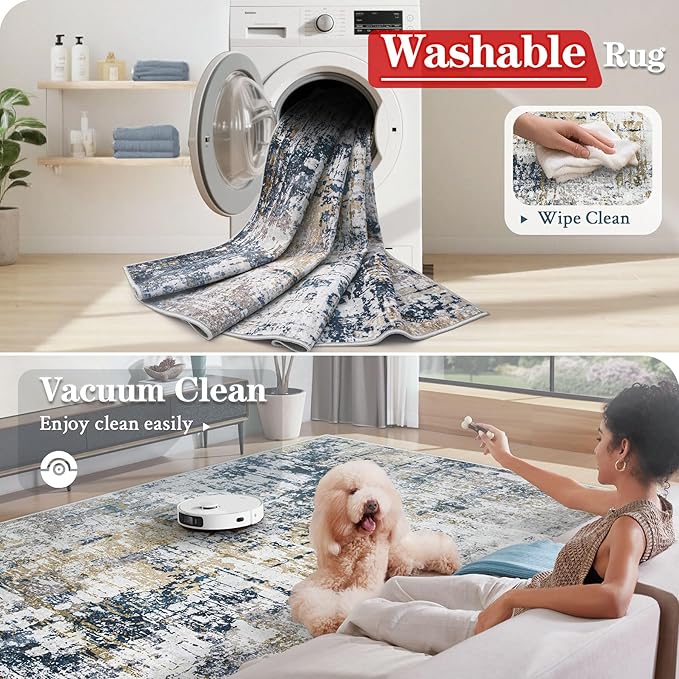 10x14 Area Rugs for Living Room: Washable Modern Abstract Rug Large Soft Non Slip Living Room Rug Indoor Low Pile Carpet for Bedroom Dining Room Home - Blue Grey Brown