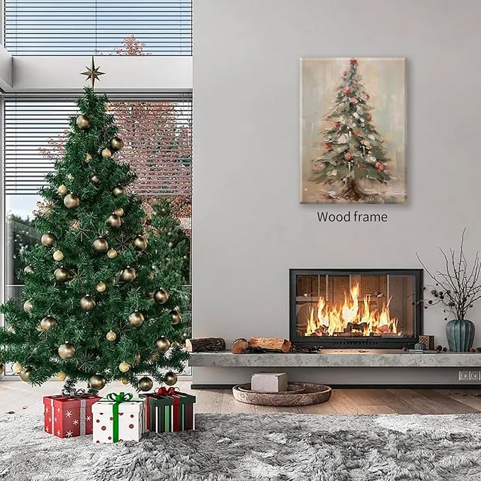 Winter Christmas Tree Wall Art Vintage Nature Botanical Pine Poster 08x10 inch Framed Forest Cottagecore Canvas Painting Prints for Living Room Office Wall Decor