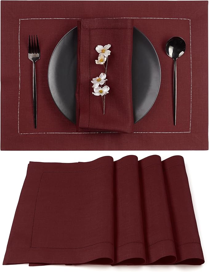 D'Moksha Homes Linen Placemats Set of 4 - Classic Hemstitch Dark Red Placemats 14 x 19 Inch - 100% Pure Linen Table Mats for Winter, Christmas, Holiday - Handcrafted and Machine Washable