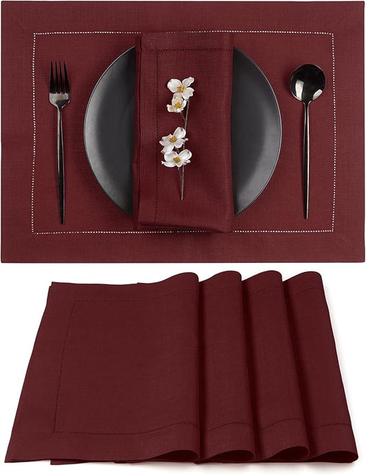 D'Moksha Homes Linen Placemats Set of 4 - Classic Hemstitch Dark Red Placemats 14 x 19 Inch - 100% Pure Linen Table Mats for Winter, Christmas, Holiday - Handcrafted and Machine Washable