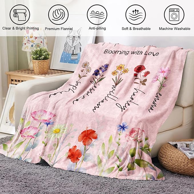 Ships Next Day, Personalized Christmas Mom Blanket Gift, Custom Blanket with Kids Name and Birth Month Flowers, Birthday Gifts for Mom from Daughter Son, Personalized Gifts for Grandma,Wife
