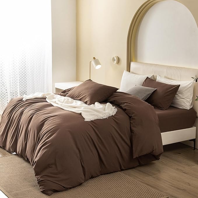 JIYUAN 100% Washed Cotton Duvet Cover Set 3 Pieces Super King, 1 Duvet Cover 108x98 Inches(Comforter Not Included) and 2 Pillowcases,Linen Feel Bedding Set Comfy and Breathable,Chocolate Brown
