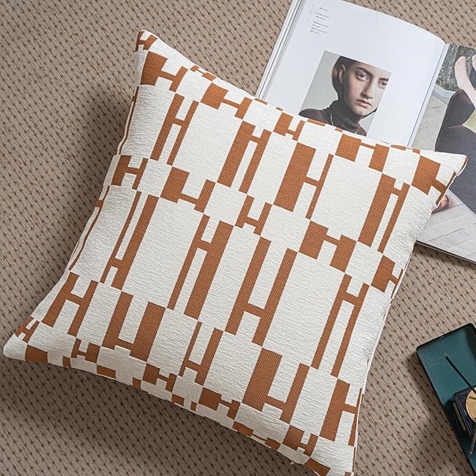 2025 New 18x18'' inches Throw Pillow Cushion Covers - Orange H Letter Chenille Jacquard Embroidery Luxury Modern Style Couch Sofa Bed Pillow Cover for Living Room Bedroom