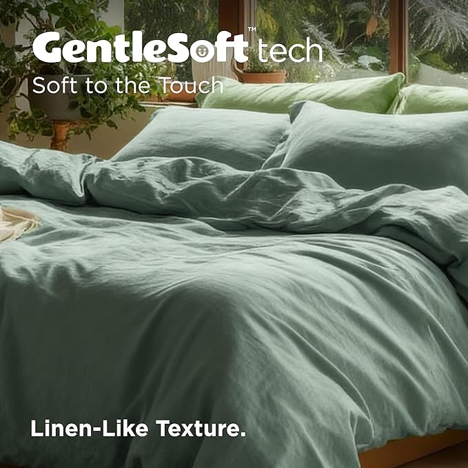 Bedsure 100% Washed Cotton Duvet Cover Queen Size - Iceberg Green Minimalist Cotton Duvet Cover Linen Like for All Seasons - GentleSoft™ Plain Simple Bedding (Iceberg Green, Queen, 90"x90")