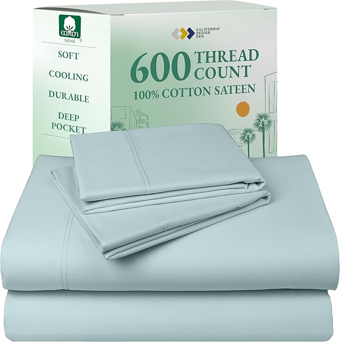 CALIFORNIA DESIGN DEN 5-Star Hotel 600 Thread Count 100% Cotton Sheets Set - Soft & Smooth Queen Sheet for Bed with Deep Pockets, Quality Beats Egyptian Cotton Sheets and Pillowcases (Seafoam)