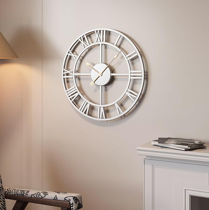 Cuspin 16 inch Wall Clock Silver, Modern Decorative Metal Clock Silent Non Ticking, Battery-Operated Round Clock Roman Numeral Analog for Living Room, Kitchen, Bedroom, Office, Home Decor