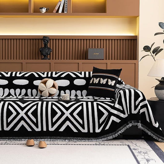 VClife Boho Couch Cover Soft Chenille Sofa Cover for Sofa Bed, 1 Piece Large Couch Covers for 2 Cushion Couch Sofa Washable White Black Jacquard Pattern Sofa Protector for Living Room 71''x118''