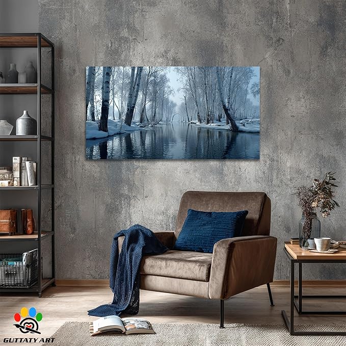 GUTTATY Christmas Winter Scene Canvas Wall Art, Snow Forest Canvas Prints, Tranquil Birch Tree Pictures, Serene Blue Wall Decor for Living Room, Bedroom, Holiday Decoration, 60x30 Inch