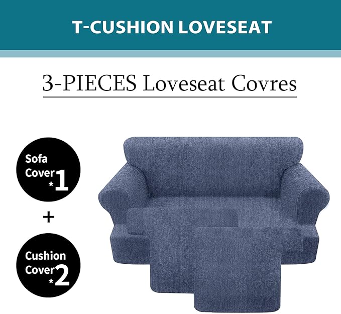 T Cushion Loveseat Slipcover 3 Pieces Sofa Covers for T Cushion Sofa Stretch Slip Covers for 2 Cushion Couch with 2 Individual T Shape Seat Covers (Blue Gray, 2 Cushion)