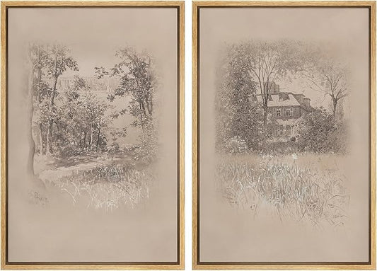 SIGNWIN Framed Canvas Print Wall Art Set Countryside Home and Trees Sepia Landscape Drawings Illustrations Modern Art Scenic Colorful for Living Room, Bedroom, Office - 16"x24"x2 Natural