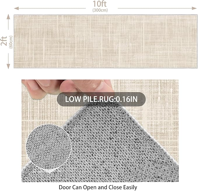 Enkor Runner Rug for Hallway, 2x10 Washable Soft Non Slip Abstract Rug for Kitchen, Modern Mat for Entryway Living Room Bedroom Beige Grid