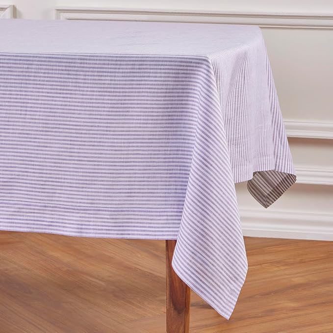 Solino Home Linen Striped Tablecloth 60 x 108 Inch - 100% Pure Linen Lavender and White Table Cloth for Rectangle Tables - Narrow Stripe, Machine Washable Tablecloth for Fall, Thanksgiving, Christmas