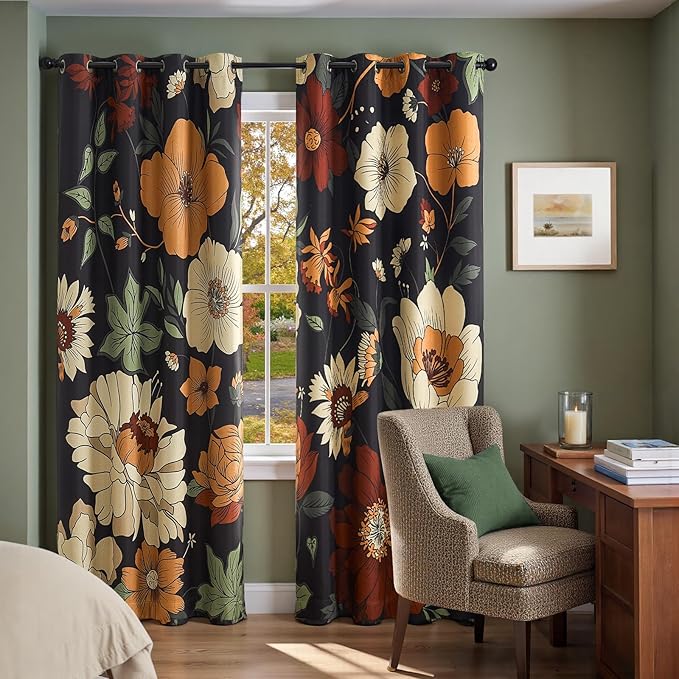 jinchan Lora Floral Curtains for Bedroom Blackout Drapes for Living Room Darkening Fabric Fall Decor Winter Vintage Flower Pattern Printed Window Curtains 96 Inches Length 2 Panels with Grommet Black