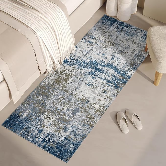 Modern Abstract 2x7 Runner Rug Washable Non Slip Stain Resistant Rug for Hallway Kitchen Bedroom Non Shedding Low Pile Indoor Floor Cover,Navy