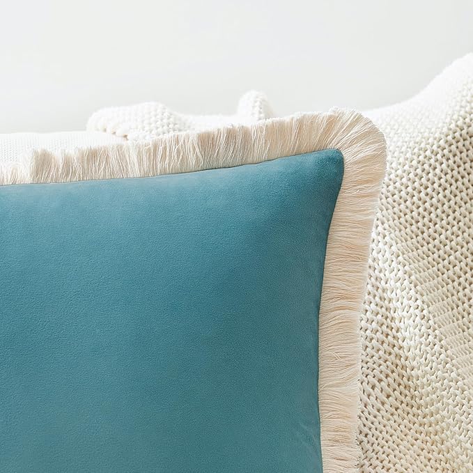 MONDAY MOOSE Decorative Throw Pillow Covers Cushion Cases, Set of 2 Soft Velvet Modern Fringe Tassel Designs, Mix and Match for Home Decor, Pillow Inserts Not Included (Teal Blue, 16x16 inch)
