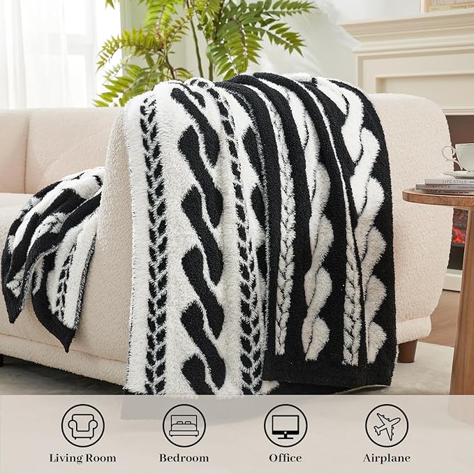 Amélie Home Cable Knit Throw Blanket for Couch, Bicolour Super Soft Fuzzy Blanket for Sofa, Luxury Cozy Fluffy Throw for Room Decor, 50" x 60", Cable Black & White