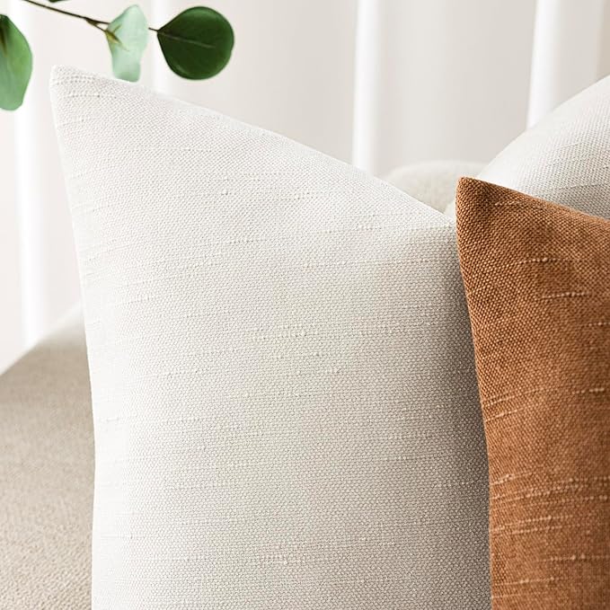 Foindtower Pack of 2 Soft Textured Chenille Throw Decorative Pillow Covers Square Accent Solid Cushion Cover Neutral Farmhouse Pillow Case for Couch Sofa Bedroom Living Room 22x22 Inch, Ivory White