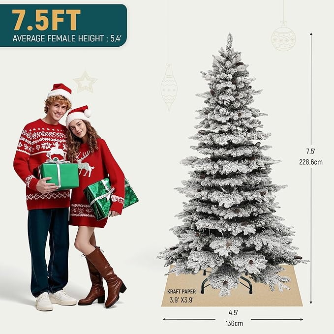 YITAHOME 7.5FT Prelit Flocked Christmas Tree w/Remote, Pre-Decorated Mountain Pine Hierarchical Tower Flocked Xmas Tree w/ 1278 Tips, 55 Pine Cones, 550 Lights & 11 Modes for Home, Party Decoration
