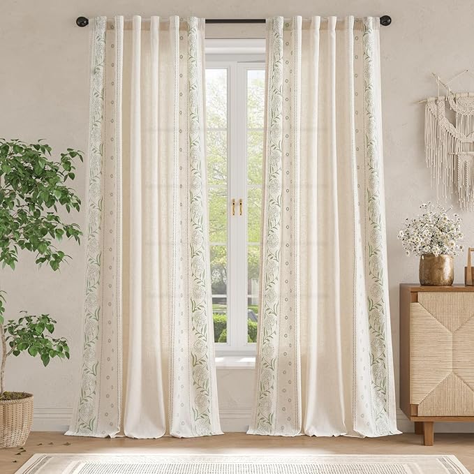 jinchan Winslow Linen Curtains for Bedroom 96 Inches Length Embroidered Bordered Floral Curtains for Living Room Farmhouse Decor Light Filtering Window Treatments Sage on Beige Drapes 2 Panels