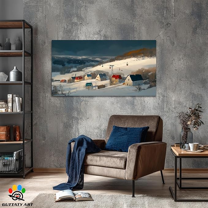 GUTTATY Christmas Winter Scene Canvas Wall Art, Snowy Village Pictures, Cable Car Canvas Prints, Nordic Landscape Painting, Cozy Holiday Wall Decor Poster for Living Room, Bedroom, Office, 60x30 Inch