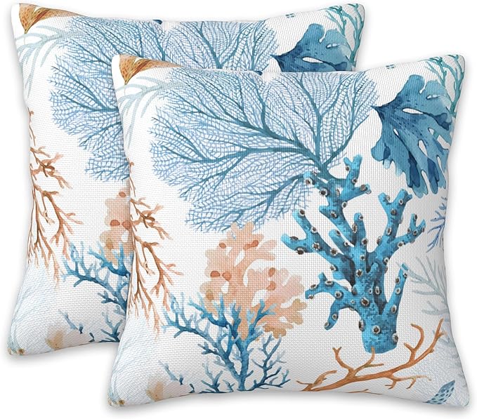 Pillow Covers 18X18 Set of 2, Blue and Brown Corals Decorative Throw Pillow Covers, Colorful Underwater Sea Life Pillow Cover Pillowcase Cushion Case for Home Sofa Couch Indoor Outdoor