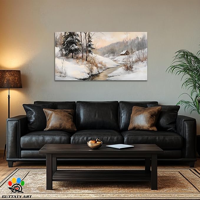 GUTTATY Christmas Winter Scene Canvas Wall Art, Snowy Landscape Wall Painting, Tranquil River Cabin Canvas Prints, Winter Poster Wall Decor for Living Room, Bedroom, Holiday Home, 24x12 Inch