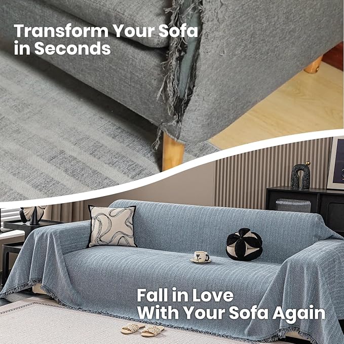 Nobildonna Sofa Cover Washable Soft Thicken Chenille Couch Cover with Tassel,Waterproof Sofa Slipcover for 3-4 Cushion Couch,Sectional Sofa,L-Shaped Furniture Protector Pet-Friendly,Dusty Blue91 x150