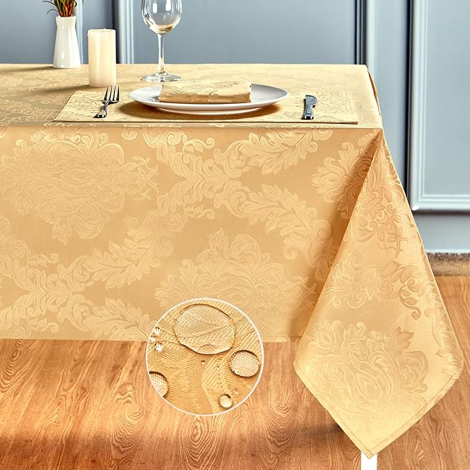 Rectangle Table Cloth Linen Farmhouse Stainproof Waterproof Washable Polyester Oblong Rectangular Fabric Table Cover for Kitchen Dining Dinner (Gold, 60 X 144 Inch)